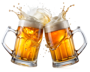 Two beer mugs clinking together with splashing beer isolated on a transparent background