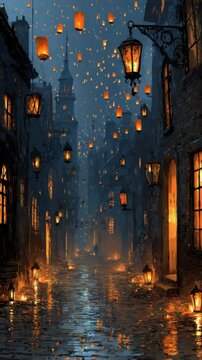 Night Scene with Floating Lanterns and Wet Cobblestone Street