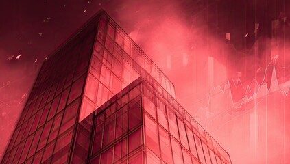 A modern skyscraper, bathed in a deep crimson hue, displays financial market trends overlaid upon its facade.