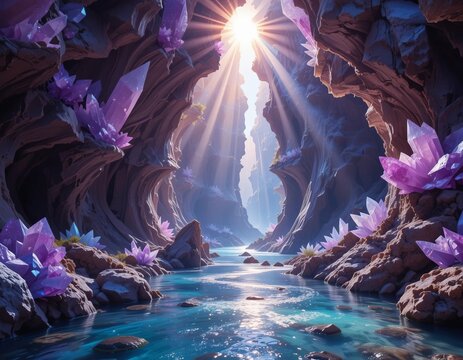 Sunlight streams into a mystical cave, illuminating a vibrant river flowing through amethyst crystal formations.