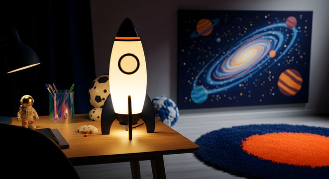 Cozy Room Featuring Rocket Lamp, Space Decor, and Galaxy Painting for Kids