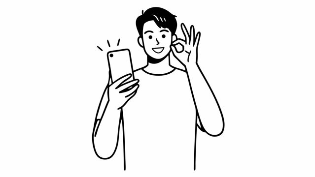 Man taking a selfie with ok hand gesture outline