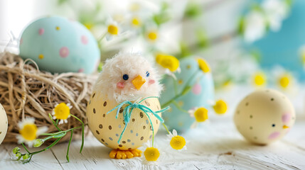 Adorable chick decoration with painted Easter eggs and daisies, spring celebration