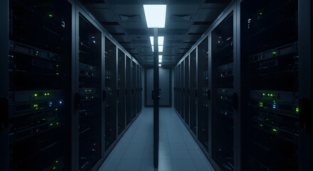 Server room with modern equipment and glowing lights offers cutting edge technology solutions today