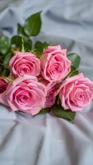 Soft pink roses on a light blue fabric create a romantic and serene composition of nature