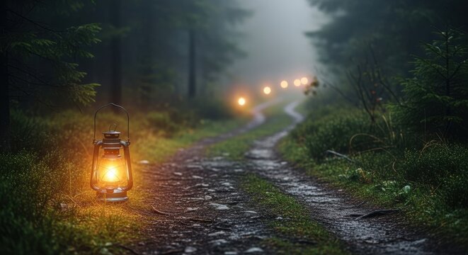 Mysterious forest path illuminated by lanterns