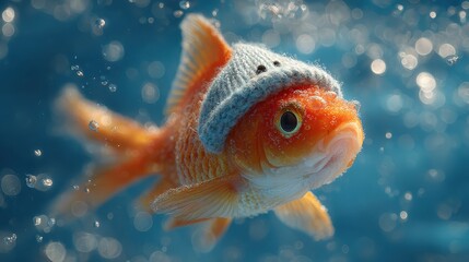 Orange goldfish swims in blue water wearing a tiny blue knitted hat in a playful and humorous under water setting