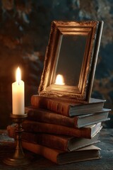 Vintage Books and Candlelight with an Empty Frame.