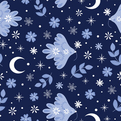 Seamless pattern with doves, flowers, crescent moons, stars and foliage on a deep navy background. Magical and peaceful night sky design perfect for kid's products, textile design, wrapping paper