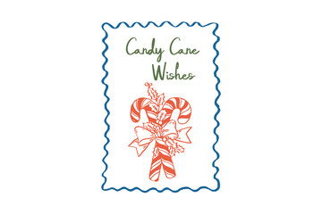 Candy Cane Wishes, Festive Christmas Candy Canes Frame with Bow and Holly Drawing Design