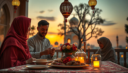 Family enjoys Iftar meal at sunset with mosque and lanterns