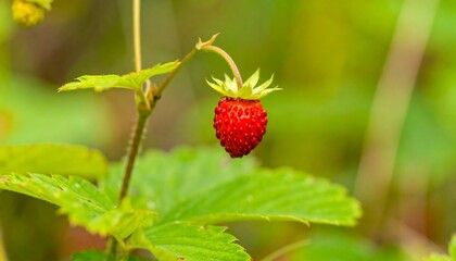 Close-up of a wild strawberry hanging on a delicate stem in nature