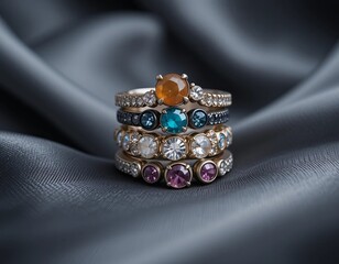 Elegant stack of sparkling gemstone rings on luxurious satin fabric