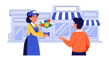 Floral Gift Transaction: Capturing the essence of commerce, a florist gracefully presents a vibrant floral bouquet to a pleased customer outside of shop, epitomizing moments of care and connection.