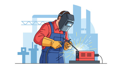 Welder in Action: A skilled welder is meticulously focused, safely welding metal in a workshop. Sparks fly as precision meets craftsmanship in this industrial setting.