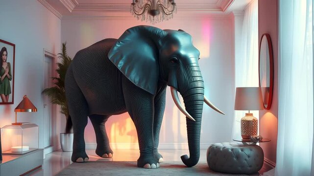 Hyper-realistic 3D rendering of an elephant standing in a bright, modern indoor space, blending wildlife majesty with architectural elegance for a surreal and captivating visual experience.