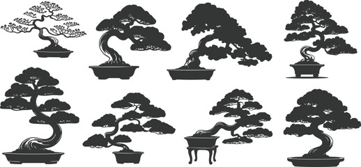 Bonsai tree vector set, Japanese bonsai art, black silhouette trees, miniature plant clipart, decorative garden tree, nature illustration