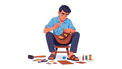 Artisan at Work: Capturing the essence of craftsmanship, a skilled artisan meticulously works on a leather sandal, reflecting precision and dedication. This image portrays the value of craftsmanship.
