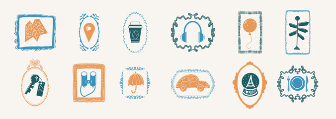 Ink drawn vector doodle in expressive freeform style. Perfect for websites, apps, posters. Travel themed set stamps 