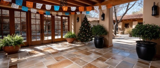 Fototapeta premium A vibrant Christmas tree with colorful ornaments and dragon-shaped decorations brings festive cheer to a sunny home entrance