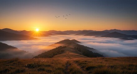 Radiant mountain sunrise with glowing mist and a winding path into layered ridges, elegant left-side headline space; cinematic landscape for outdoor brands, wellness retreats, and inspirational market
