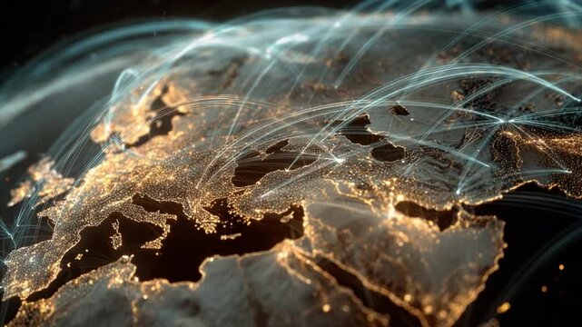 Global Connectivity Illuminated: A captivating view of the Earth from space, showcasing the interconnectedness of cities and continents through radiant lines of light.