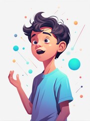 A child in a blue shirt appears to be levitating colorful orbs with an expression of awe