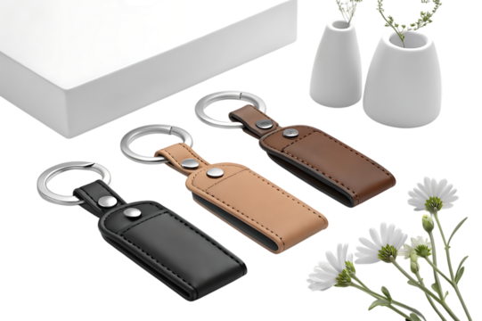 Three leather keychains in black brown and tan with a white box and flowers