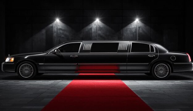VIP service. The limousine is parked with the door open, and a red carpet leads to the open door.