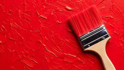 Red paint texture background with paintbrush close up and bright color tones used