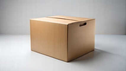 Cardboard Shipping Box with Handles on White Surface..