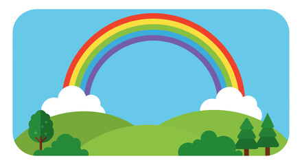 a vibrant rainbow arches over lush green hills under blue sky