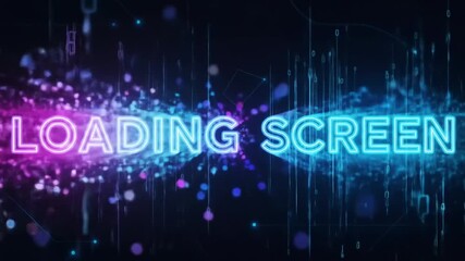 Vibrant neon 'LOADING SCREEN' text with digital particle effects on a dark, abstract background, symbolizing data processing and technology. - Powered by Adobe