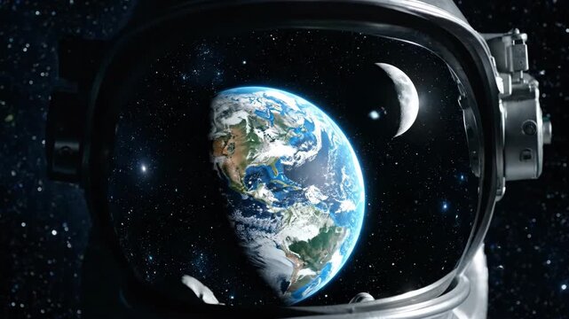 Astronaut helmet reflection of Earth and moon space cosmos with stars and galaxy universe creating stunning cosmic view full of wonder and exploration