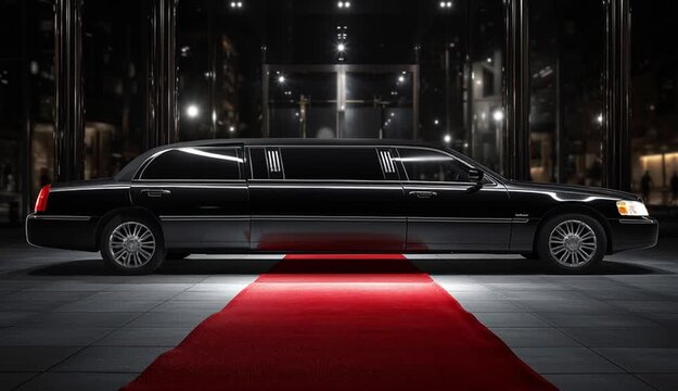 VIP service. The limousine is parked with the door open, and a red carpet leads to the open door.