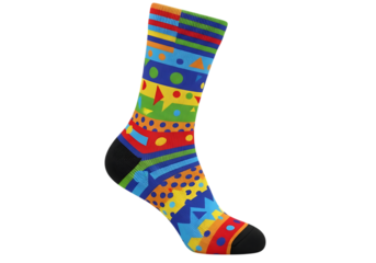 Vibrant and colorful sock with geometric patterns against black background
