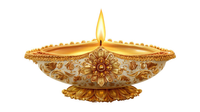 Golden decorative diya oil lamp with shining flame isolated on white background for Diwali festival celebration and traditional Indian cultural decoration