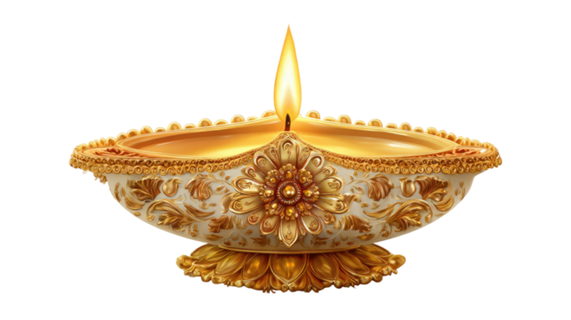 Golden decorative diya oil lamp with shining flame isolated on white background for Diwali festival celebration and traditional Indian cultural decoration