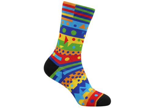 Vibrant and colorful sock with geometric patterns against black background