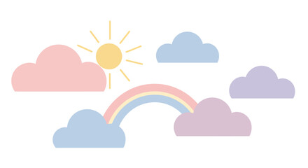 a cheerful sky scene with rainbow clouds and bright sun