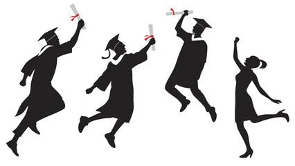 Fototapeta premium Silhouette of diverse graduates in caps and gowns celebrating with diplomas