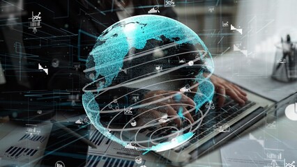 A modern office scene with a digital globe overlay, showcasing global connectivity, business statistics, and innovative technology on a laptop, emphasizing the future of work. Xenic