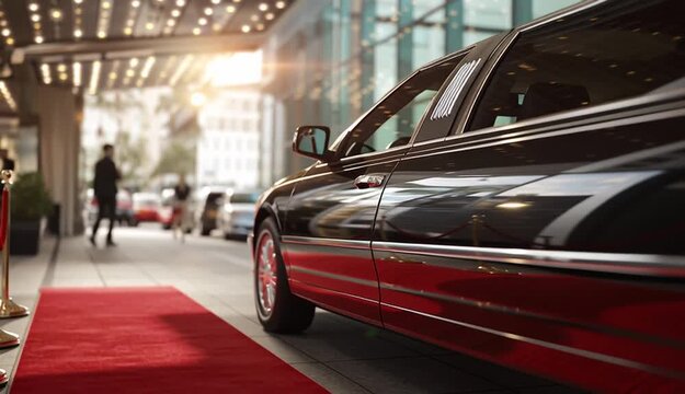 VIP service. The limousine is parked with the door open, and a red carpet leads to the open door.