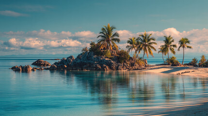Naklejka premium Tropical luxury resort seascape with palm-lined island beach and calm blue ocean