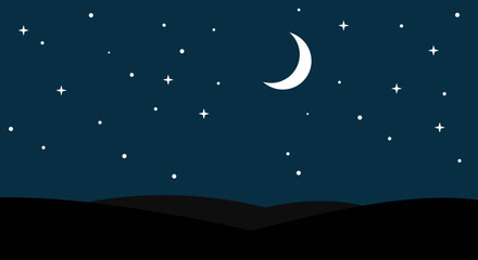 a serene night sky with crescent moon stars and dark hills