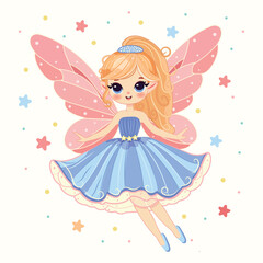 Cute fairy girl flies in the sky with wings and a magic wand flies in the sky on white background. Poster, Banner, Flyer, Greeting Card. Vector illustration in flat cartoon style