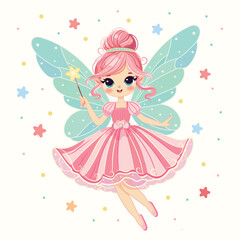 Cute fairy girl flies in the sky with wings and a magic wand flies in the sky on white background. Poster, Banner, Flyer, Greeting Card. Vector illustration in flat cartoon style