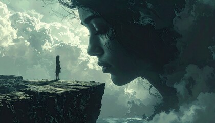 Conceptual art of a woman standing on a cliff, looking at her own surreal reflection