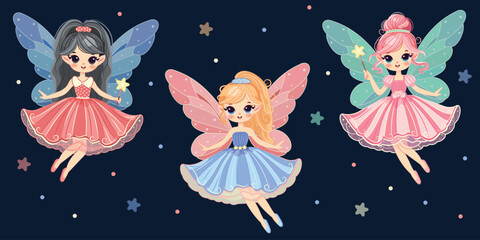 Cute fairy girl flies in the sky with wings and a magic wand flies in the sky on the night background. Poster, Banner, Flyer, Greeting Card. Vector illustration in flat cartoon style © Marta Vitek