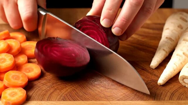 Close-up of hands slicing a fresh red beet on a wooden cutting board with carrots and parsnips nearby.